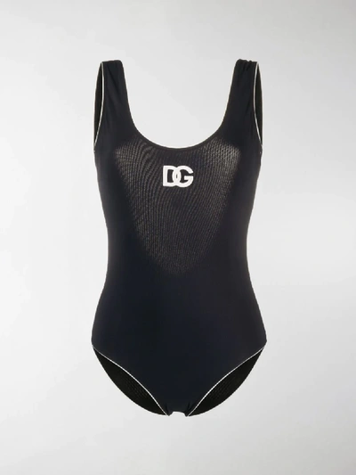 Shop Dolce & Gabbana Embroidered Dg Logo Swimsuit In Black