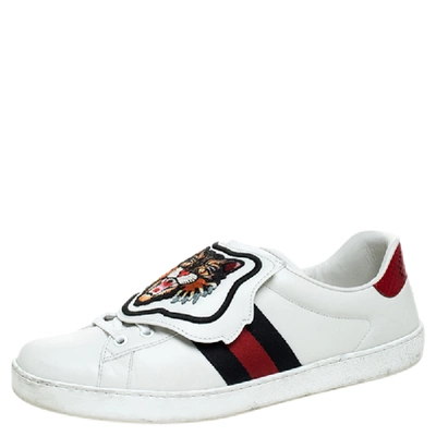 Pre-owned Gucci White Leather, Python Trim And Web Detail Lion Patch Ace Low Top Sneakers Size 43