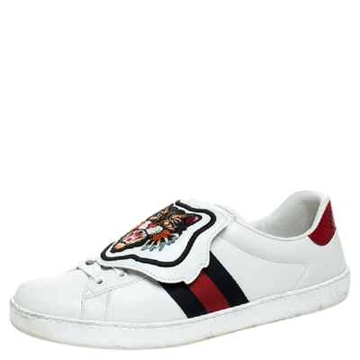 Pre owned White Leather Python Trim And Web Detail Lion Patch Ace Low Top Trainers Size 43