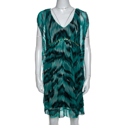 Pre-owned Diane Von Furstenberg Green Printed Silk Embellished Simea Dress M