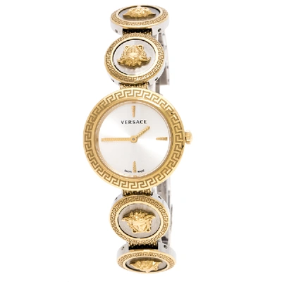 Pre-owned Versace White Gold Tone Signature Medusa Stud Icon Verf008 Women's Wristwatch 26 Mm