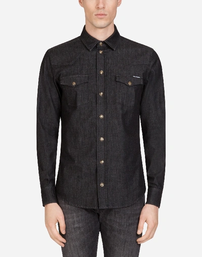 Shop Dolce & Gabbana Stretch Denim Shirt In Blue