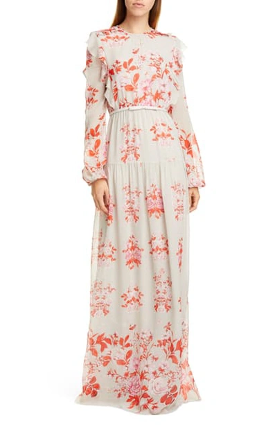 Shop Giambattista Valli Floral Print Long Sleeve Silk Georgette Gown In Perla-rose 9800