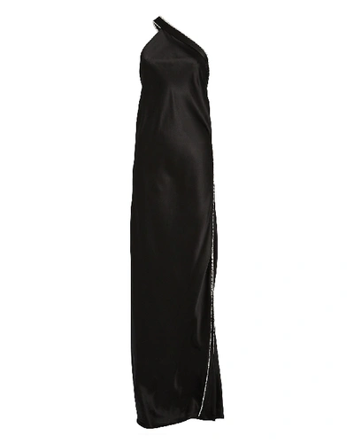 Shop Michelle Mason Asymmetric Crystal Silk Satin Gown In Black