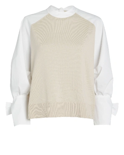 Shop Adeam Layered Poplin Bow Sweater In Beige/white