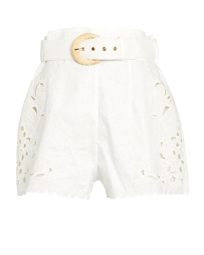Shop Zimmermann Peggy Embroidered Linen Shorts In Ivory