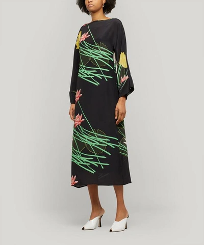 Shop Bernadette Lily Floral-print Silk-crepe Dress In Black