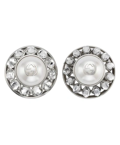 Shop Gucci Silver-tone Double G Faux Pearl And Crystal Asymmetric Clip-on Earrings In White