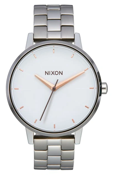 Shop Nixon The Kensington Leather Strap Watch, 37mm In Silver/ White/ Rose Gold
