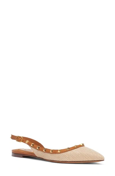 Shop Valentino Rockstud Woven Pointed Toe Slingback Flat In Beige/ Tan