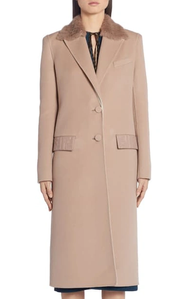 Shop Fendi Ff Logo Double Face Cashmere Coat With Removable Genuine Mink Fur Collar In Beige