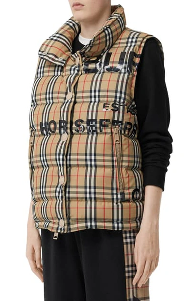 Shop Burberry Sterling Horseferry Print Vintage Check Down Puffer Vest In Archive Beige Ip Chk