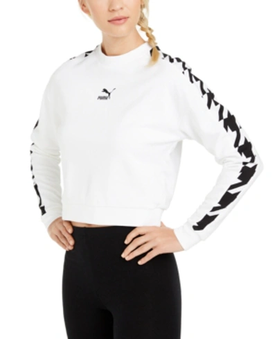 Shop Puma Cotton Printed-sleeve Sweatshirt In White
