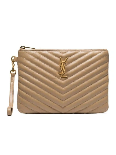 Saint Laurent Monogram Plaque Quilted Clutch In Neutrals