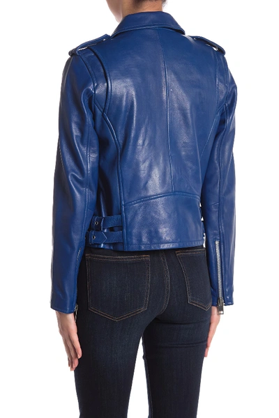 Shop Walter Baker Liz Leather Crop Moto Jacket In Cobalt Blue