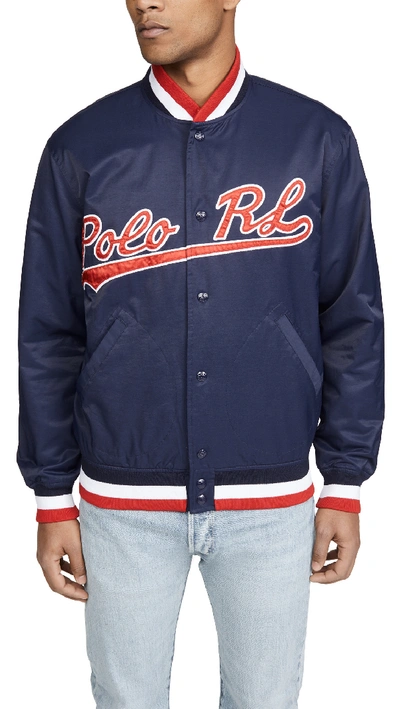 Shop Polo Ralph Lauren Cotton Nylon Baseball Jacket In Navy