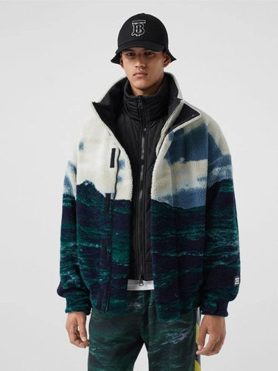 Shop Burberry Sea Print Fleece Jacket With Detachable Warmer In Deep Teal