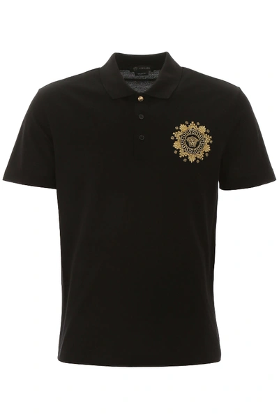 Shop Versace Medusa Embroidered Polo Shirt In Nero Oro (black)