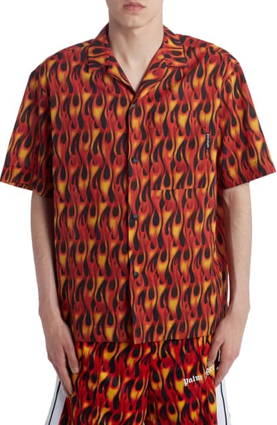 Shop Palm Angels Burning Bowling Shirt In Black Multicolor