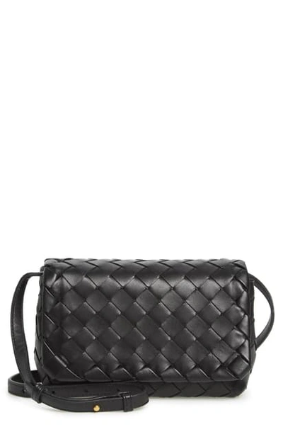 Shop Bottega Veneta Mini Intrecciato Leather Crossbody Flap Bag In Nero/ Gold