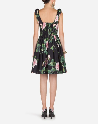 Shop Dolce & Gabbana Short Sleeveless Poplin Tropical Rose Print Dress In Floral Print