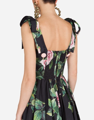 Shop Dolce & Gabbana Short Sleeveless Poplin Tropical Rose Print Dress In Floral Print