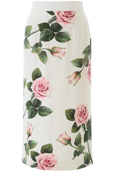 Shop Dolce & Gabbana Tropical Rose Pencil Skirt In White,pink,green