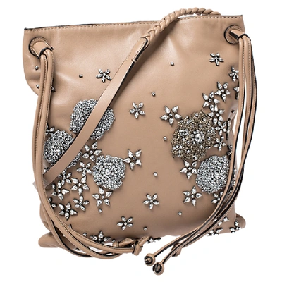 Pre-owned Valentino Garavani Beige Crystal Embellished Leather Braided Strap Shoulder Bag