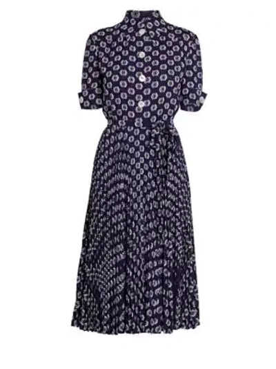Shop Prada Jacquard Pleated Midi Dress In Navy