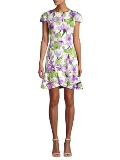 Shop Alice And Olivia Kirby Cap Sleeve Floral Ruffle Dress In Floral Plum Cream