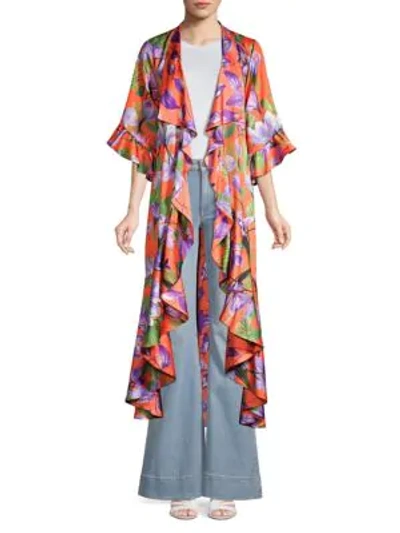 Shop Alice And Olivia Dandi Reversible Leaf Print Ruffle Kimono In Floral Palm Coral