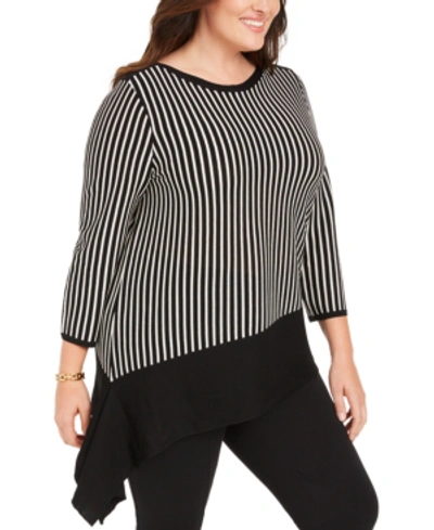 Shop Anne Klein Plus Size Striped Asymmetric Sweater In Anne Black/white