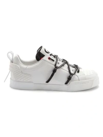 Shop Dolce & Gabbana Men's New Portofino Logo Strap Leather Runners In Black White