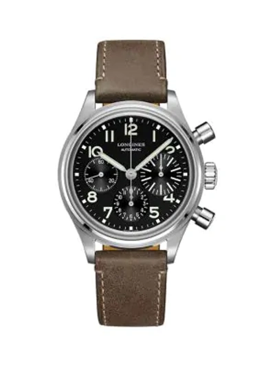 Shop Longines Avigation Bigeye Chronograph Stainless Steel Leather-strap Watch In Black
