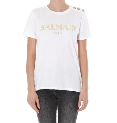 Shop Balmain 3 Buttons Metallic Vintage Logo T-shirt In White