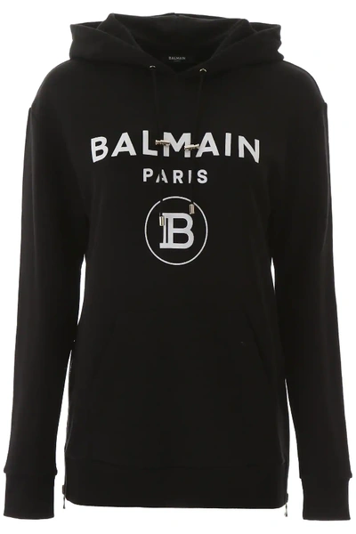 Shop Balmain Logo Hooded Sweatshirt In Black,white