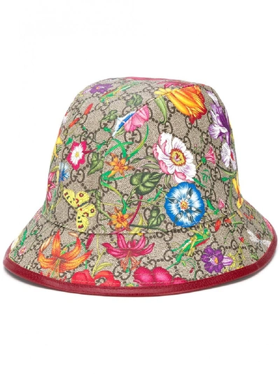 Shop Gucci Flora Print Hat In Brown