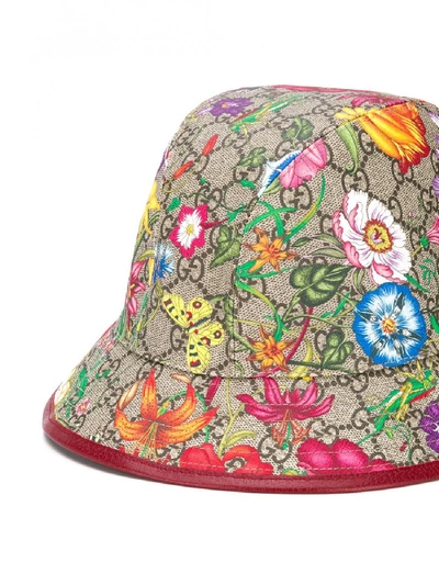 Shop Gucci Flora Print Hat In Brown