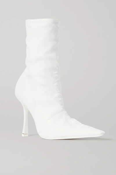 Shop Alexander Wang Vanna Logo-embroidered Ruched Leather Sock Boots In White