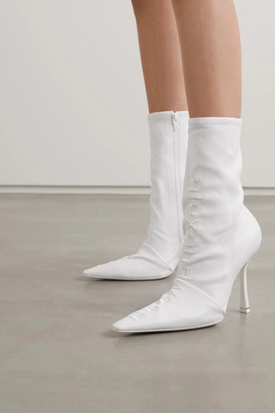 Shop Alexander Wang Vanna Logo-embroidered Ruched Leather Sock Boots In White