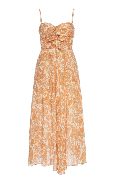 Shop Zimmermann Peggy Bow-detailed Printed Linen-chiffon Dress In Orange