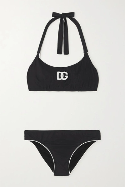 Shop Dolce & Gabbana Appliquéd Two-tone Halterneck Bikini In Black