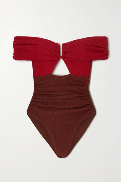 Shop Self-portrait Off-the-shoulder Cutout Two-tone Ribbed Swimsuit In Burgundy