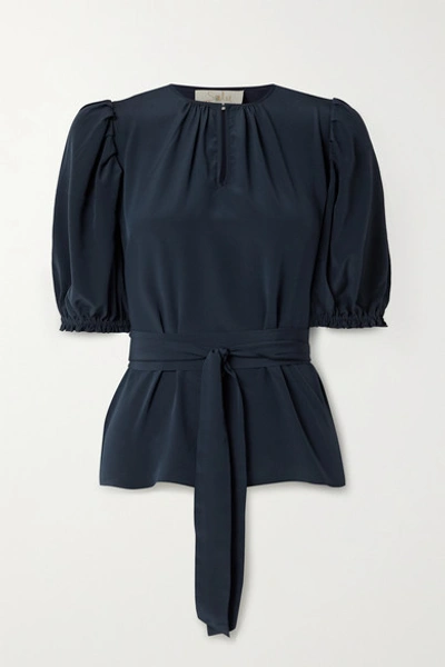 Shop Aross Girl X Soler Brooke Belted Silk Crepe De Chine Top In Navy