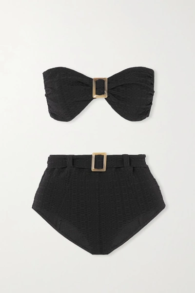 Shop Lisa Marie Fernandez + Net Sustain Embellished Belted Seersucker Bikini In Black