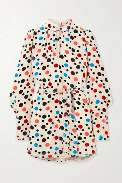Shop Saloni Tania Polka-dot Flocked Chiffon Mini Dress In Beige