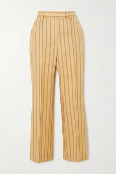 Shop Acne Studios Cropped Pinstriped Grain De Poudre Wool Flared Pants In Yellow