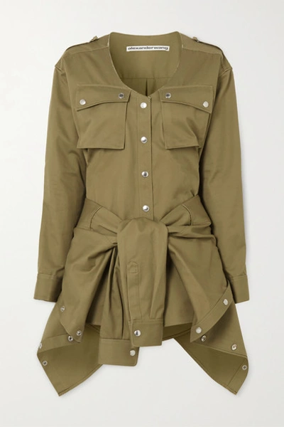Shop Alexander Wang Distressed Tie-front Cotton-twill Playsuit In Army Green