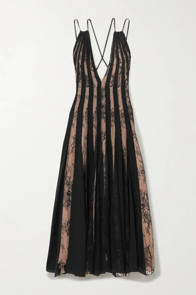 Shop Oscar De La Renta Tulle And Lace-paneled Pleated Silk-voile Midi Dress In Black