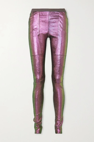 Shop Rick Owens Iridescent Stretch Leather And Cotton-blend Leggings In Metallic
